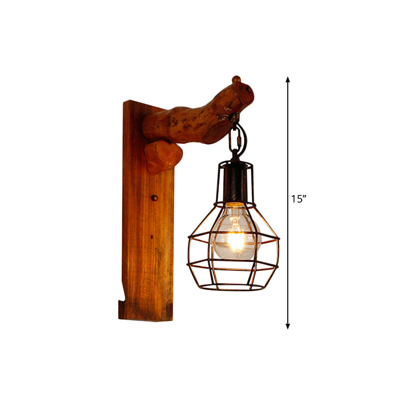 Rustic Metal Wall Lamp With Wooden Backplate - Vintage Style Sconce Light For Bedroom Black Finish 1