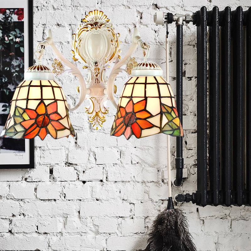 Traditional White Tiffany Wall Sconce - Bell Living Room Lamp With Sunflower Stained Glass 2 Bulbs