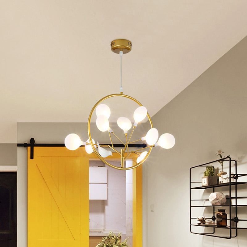 Eden - Elegant 9 Lights Branch Pendant Lamp with Bird Deco Elegant Metallic Hanging Light in Gold for Cloth Shop