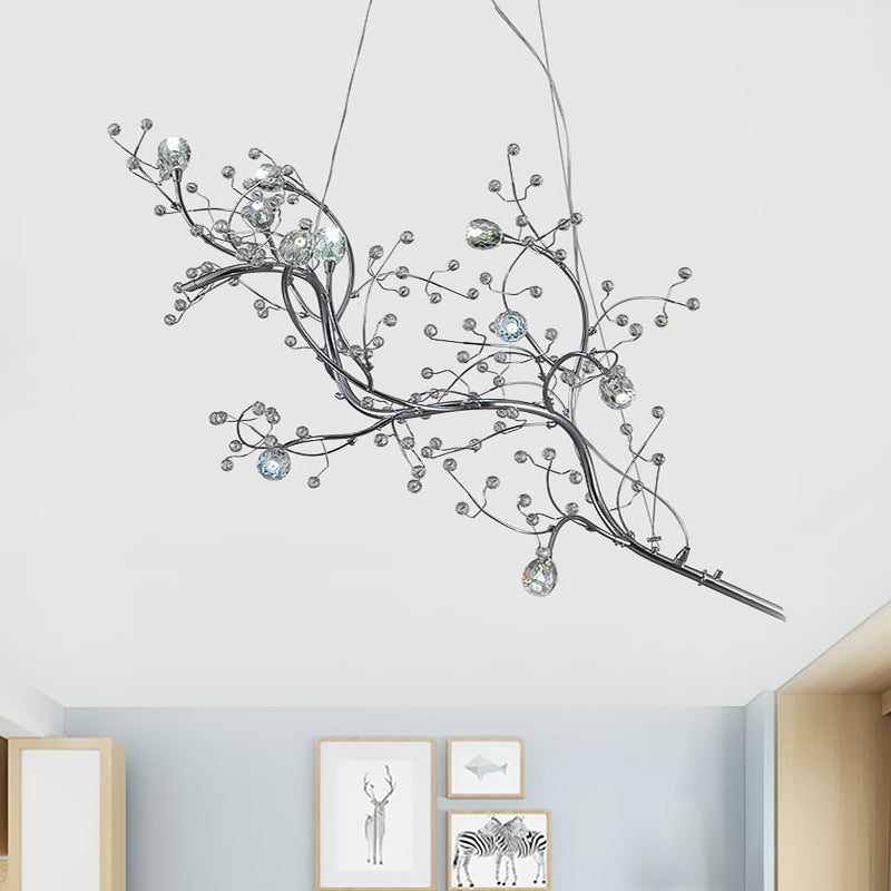 Romantic Crystal Bead Chandelier: Metallic Thin Branch Design 10 Lights For Boutique Silver