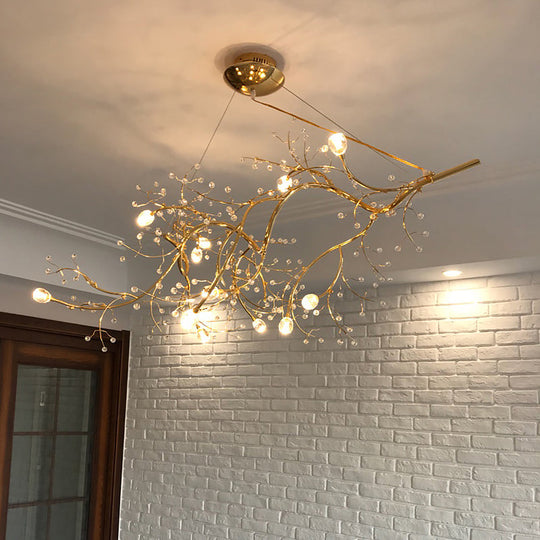 Romantic Crystal Bead Chandelier: Metallic Thin Branch Design 10 Lights For Boutique Gold