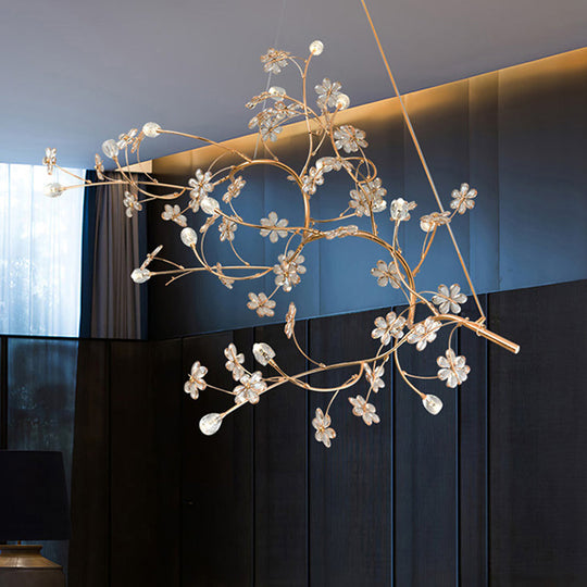 Jessica - Plum Romantic Plum Tree Chandelier with Crystal Flower 12 Lights Metallic Pendant Light in Gold for Cafe