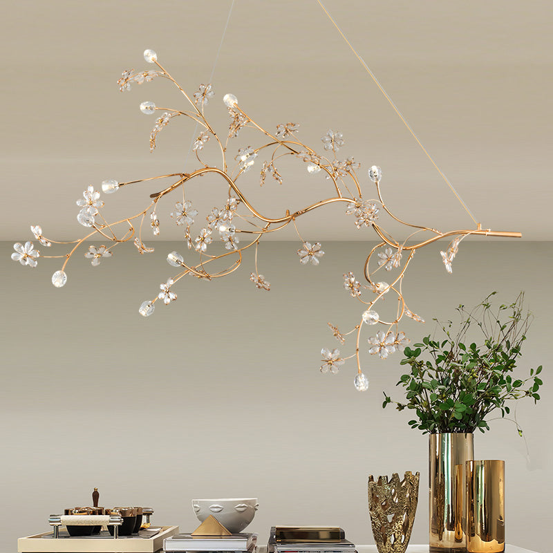 Gold Metallic Pendant Light: Romantic Plum Tree Chandelier With Crystal Flower (12 Lights) For Cafe