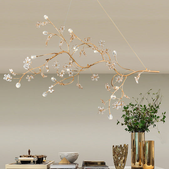 Gold Metallic Pendant Light: Romantic Plum Tree Chandelier With Crystal Flower (12 Lights) For Cafe