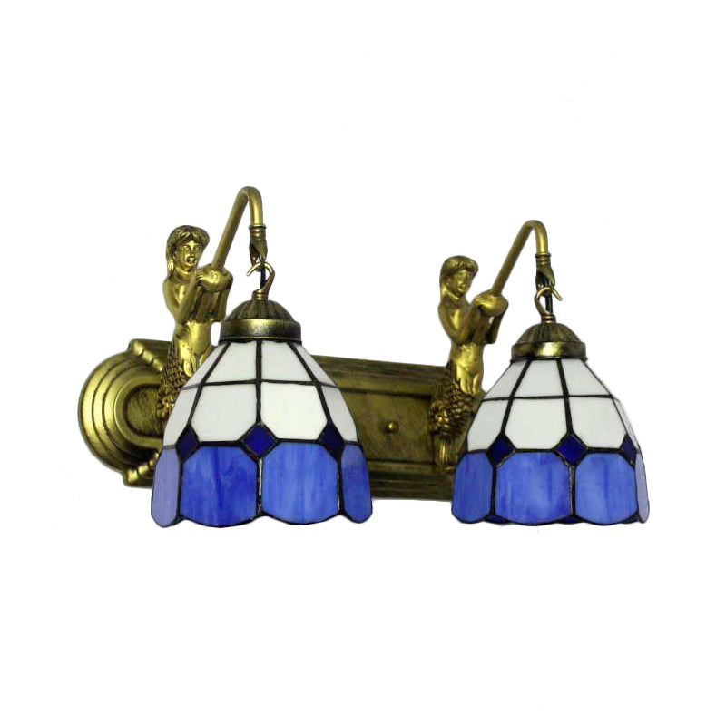 Mediterranean Blue Glass Wall Sconce With Mermaid Backplate And Grid Patterned Shades