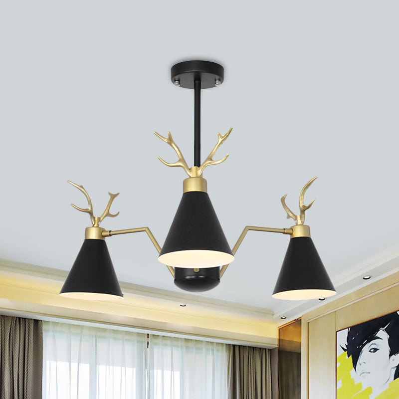 Nordic Deer Horn Cone Hanging Lamp: 3-Light Metal Chandelier For Cafes & Restaurants Black