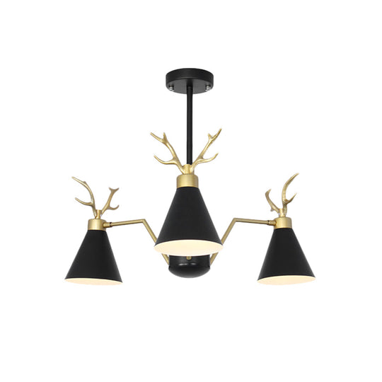 Nordic Deer Horn Cone Hanging Lamp: 3-Light Metal Chandelier For Cafes & Restaurants