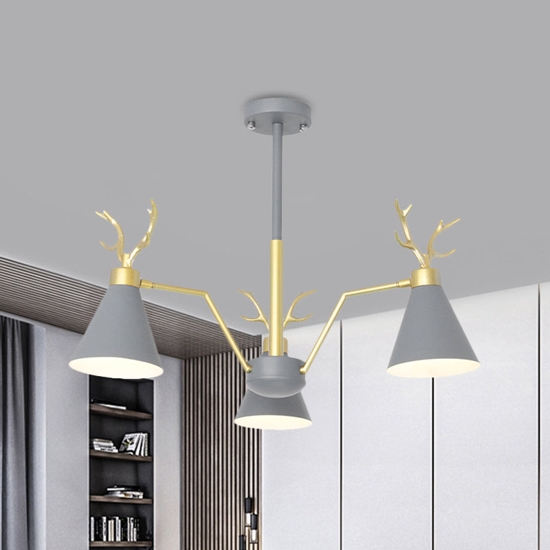 Nordic Deer Horn Cone Hanging Lamp: 3-Light Metal Chandelier For Cafes & Restaurants Grey