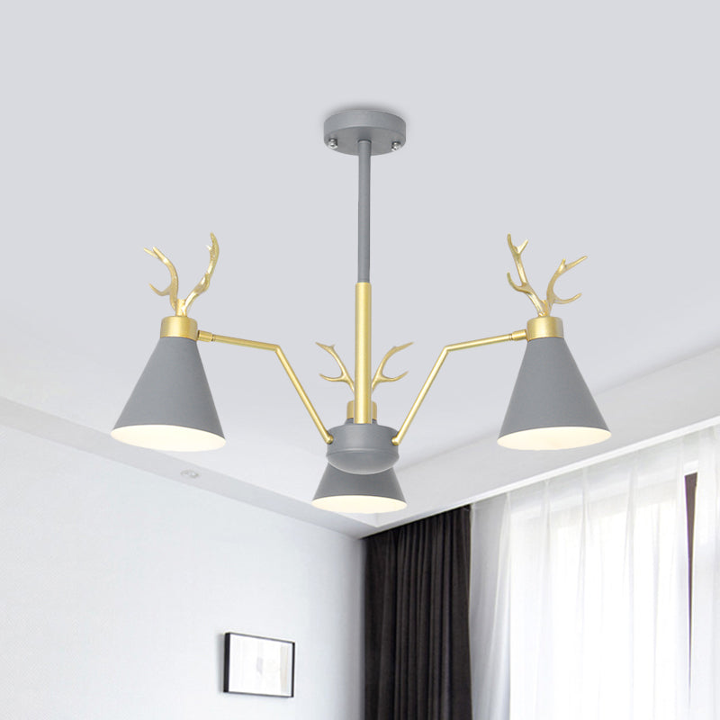 Nordic Deer Horn Cone Hanging Lamp: 3-Light Metal Chandelier For Cafes & Restaurants