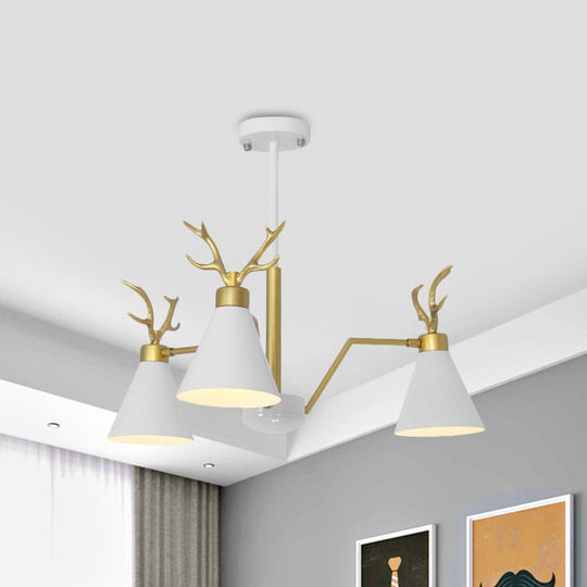 Nordic Deer Horn Cone Hanging Lamp: 3-Light Metal Chandelier For Cafes & Restaurants White