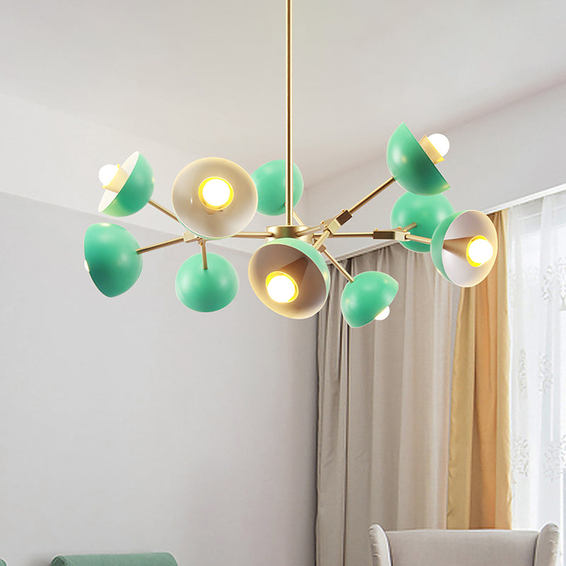 Modern Green Pendant Chandelier With 10 Lights For Restaurant - Iron Hemisphere Shade