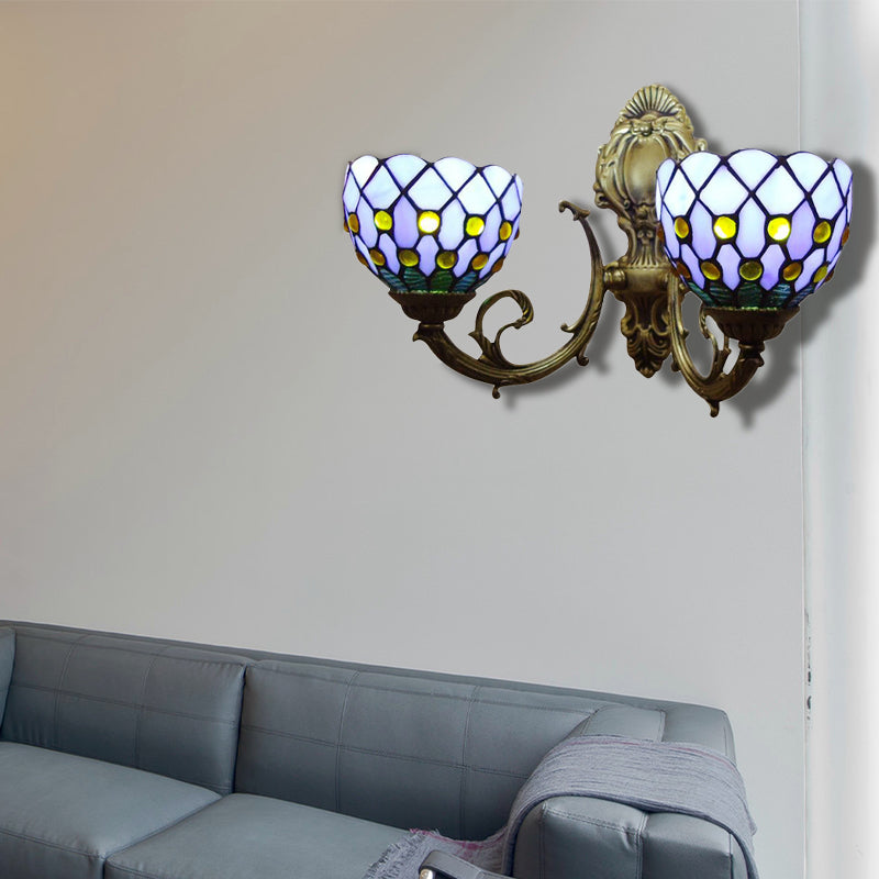 Classic Tiffany Stained Glass Domed Wall Sconce With 2 Lights - Blue Lattice Design For Bar