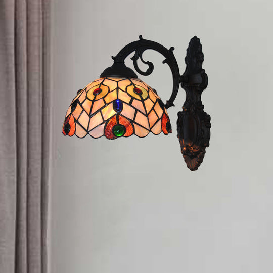 Rustic Loft Dome Wall Sconce Stained Glass - Curved Arm Mount Light For Dining Room