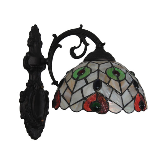 Rustic Loft Dome Wall Sconce Stained Glass - Curved Arm Mount Light For Dining Room