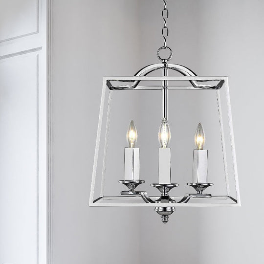 Industrial Style Silver Pendant Light With Polished Metal Cage - 3 Heads Trapezoid Design