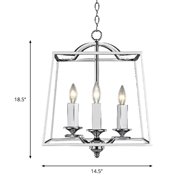 Industrial Style Silver Pendant Light With Polished Metal Cage - 3 Heads Trapezoid Design