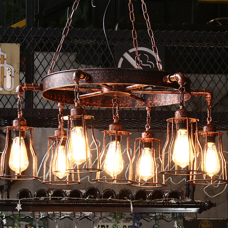 Rustic Farmhouse Pendant Light With Dark Rust Finish - Bell Cage Design 7 Lights Wrought Iron