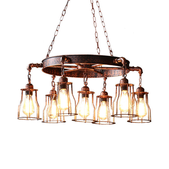 Rustic Farmhouse Pendant Light With Dark Rust Finish - Bell Cage Design 7 Lights Wrought Iron