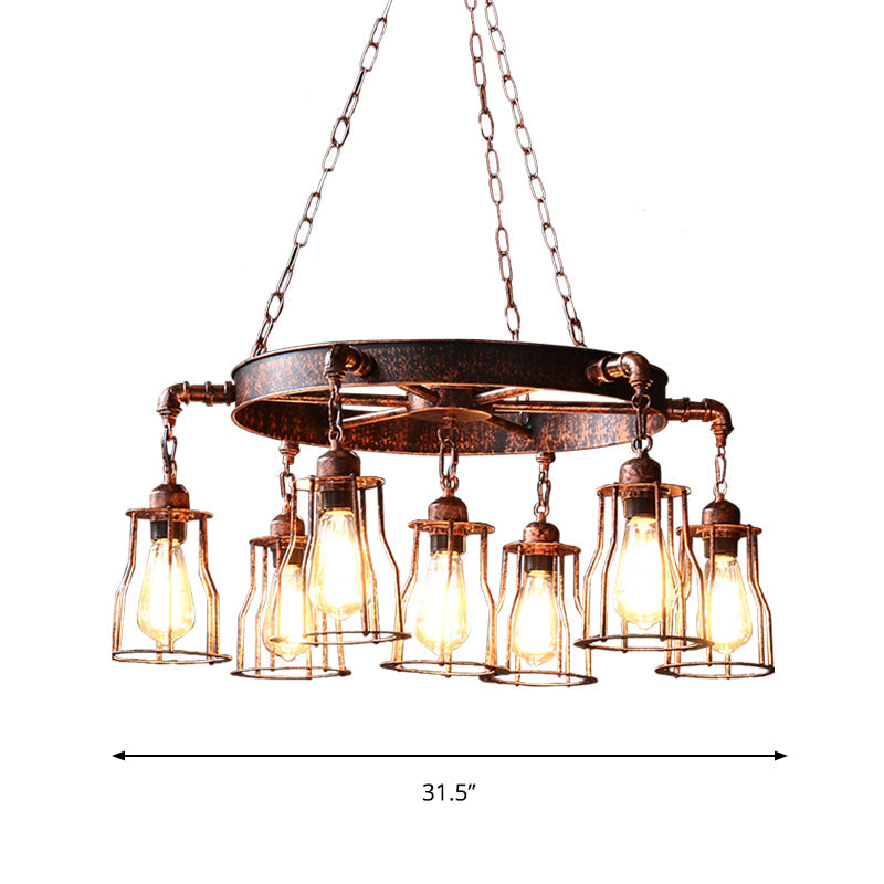 7-Light Dark Rust Pendant Chandelier with Wrought Iron Bell Cage and Wheel Design - Farmhouse Hanging Lamp