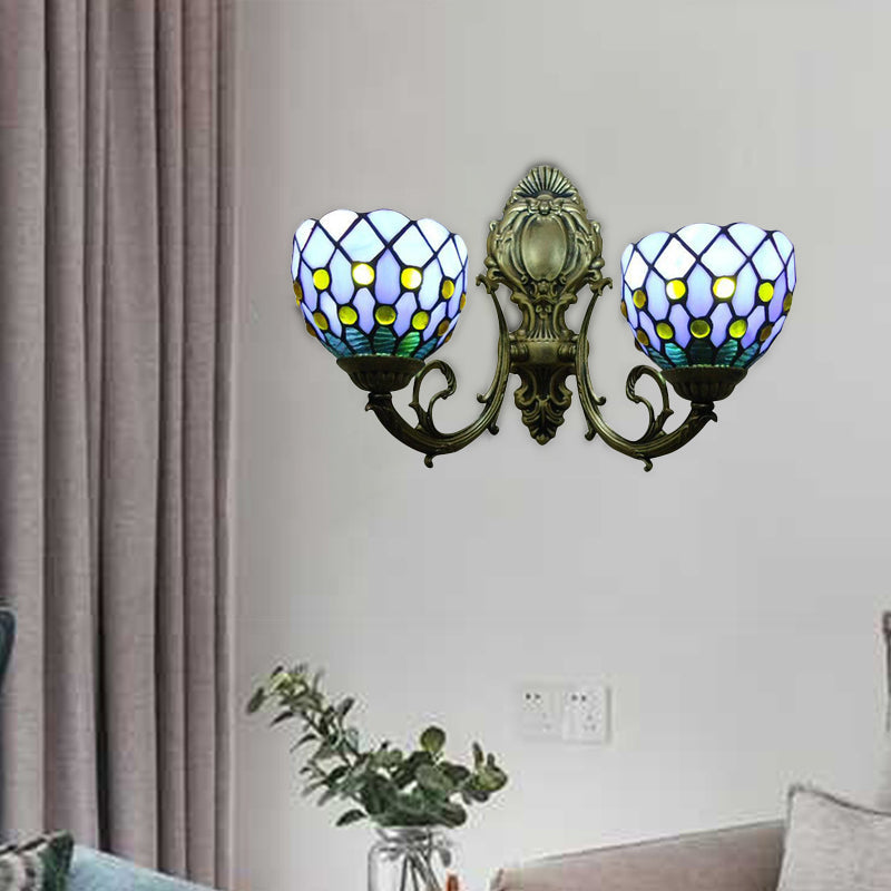 Blue/Beige Lattice Bowl Wall Sconce Tiffany Traditional Lamp For Bathroom Blue