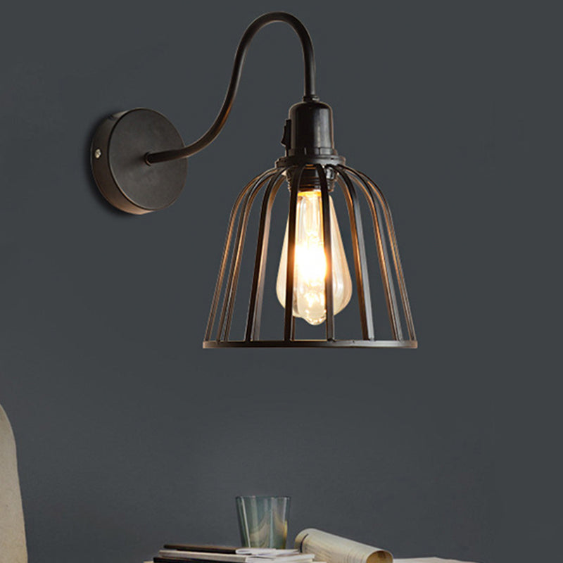 Retro Gooseneck Wall Sconce In Black With Bell Cage Shade - Ideal Dining Room Lighting