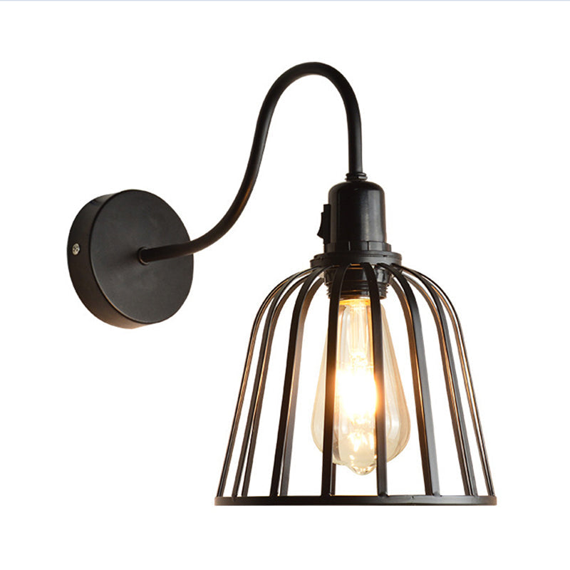 Retro Gooseneck Wall Sconce In Black With Bell Cage Shade - Ideal Dining Room Lighting