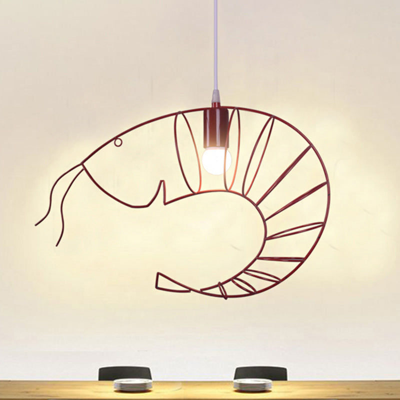 Retro Stylish 1-Light Metal Hanging Lamp - Black/Red/White Shrimp Pendant Light With Wire Guard For