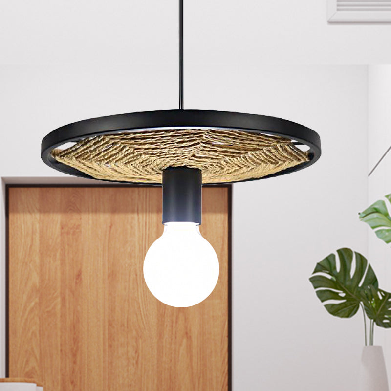 Lodge Style Black Metallic And Rope Hanging Pendant Light For Dining Room - 1 Round Design