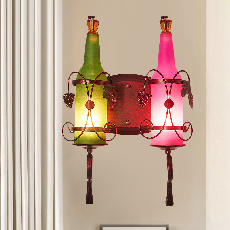Industrial 2-Light Frosted Glass Wall Sconce With Leaf Deco In Green And Pink Green-Pink