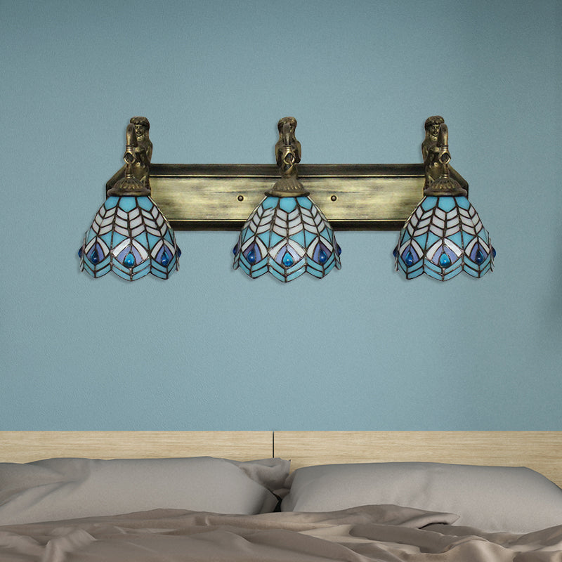 Blue Peacock Tail Tiffany Stained Glass Sconce With 3 Wall-Mounted Lights 6/8 Wide