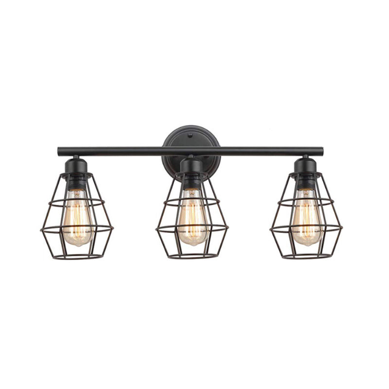 Industrial 3-Light Black Wall Sconce With Metal Cage Shade For Bathroom