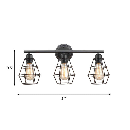 Industrial 3-Light Black Wall Sconce With Metal Cage Shade For Bathroom