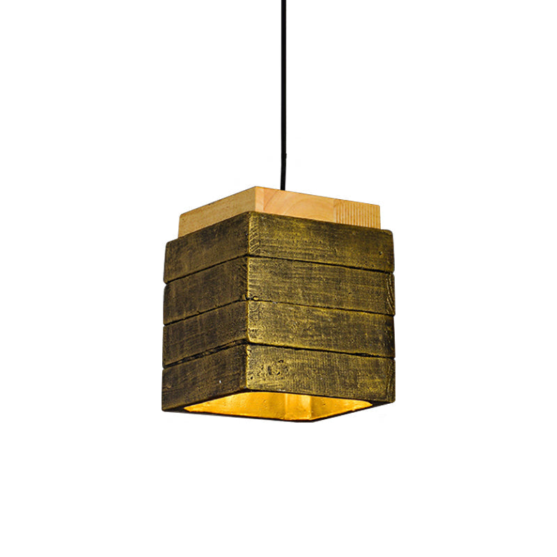 Vintage Wood and Cement 1-Head Restaurant Pendant Lamp with Gray/Brown/Brass Cubic Shade