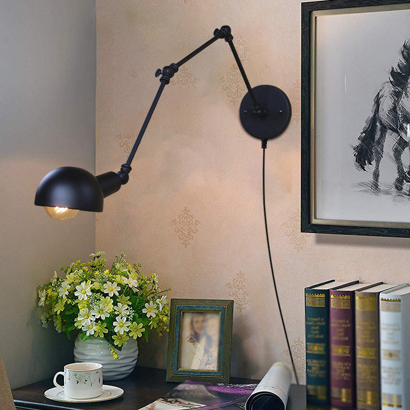 Stylish Loft Bowl Wall Light - Metallic Sconce With Extendable Plug-In Cord (1 Bulb Black) Black