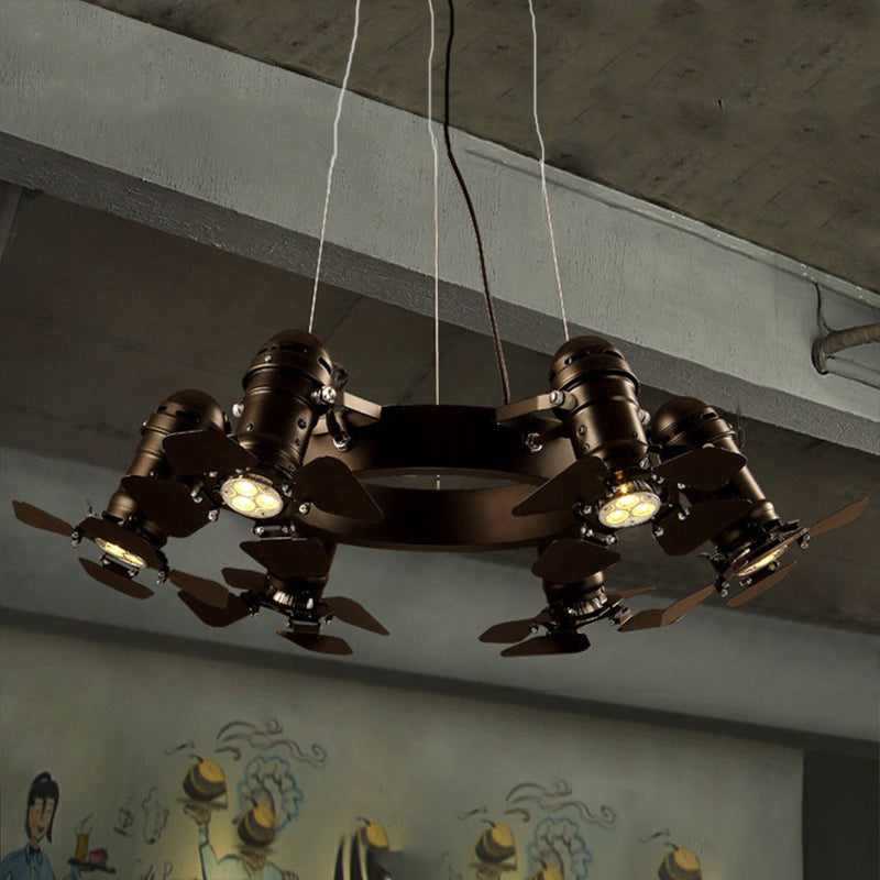 Vintage Style Chandelier Light Fixture - Metallic Black Finish, Shaded, 6 Lights, Hanging Design