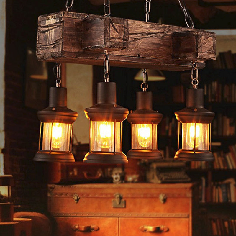 Coastal Lantern Clear Glass Pendant 4-Light Island Light Fixture In Brown With Wood Accents