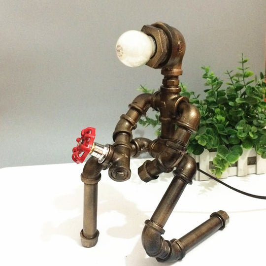 Vintage Metallic Brass Robot Design Table Lamp - Unique Coffee Shop Light With Plumbing Pipe Accent