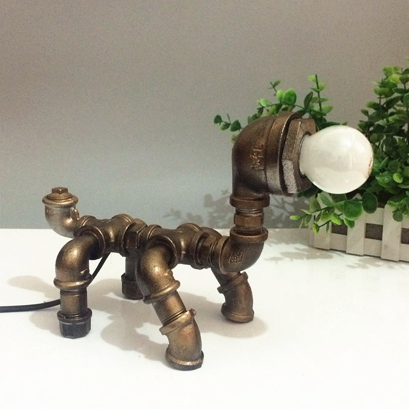 Vintage Metallic Brass Robot Design Table Lamp - Unique Coffee Shop Light With Plumbing Pipe Accent