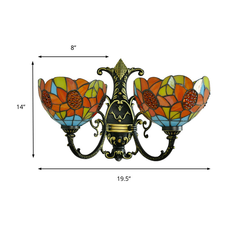 Blue/White Stained Glass Sunflower Wall Sconce With 2 Lights For Bedroom Decor