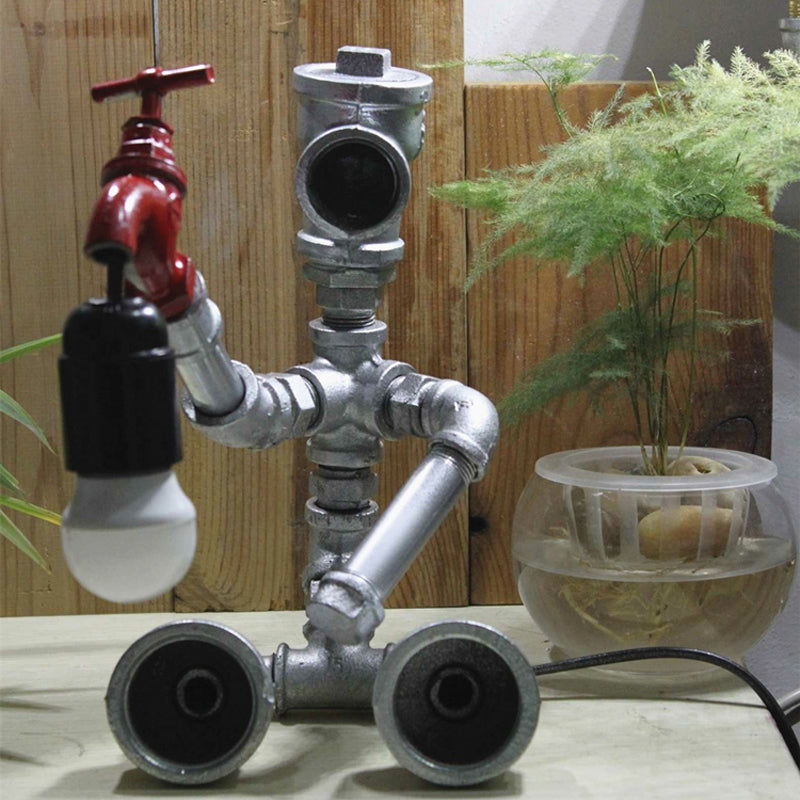 Steampunk Metallic Robot Table Light With Faucet Deco: 1-Light Child Bedroom Lamp In Bronze/Silver
