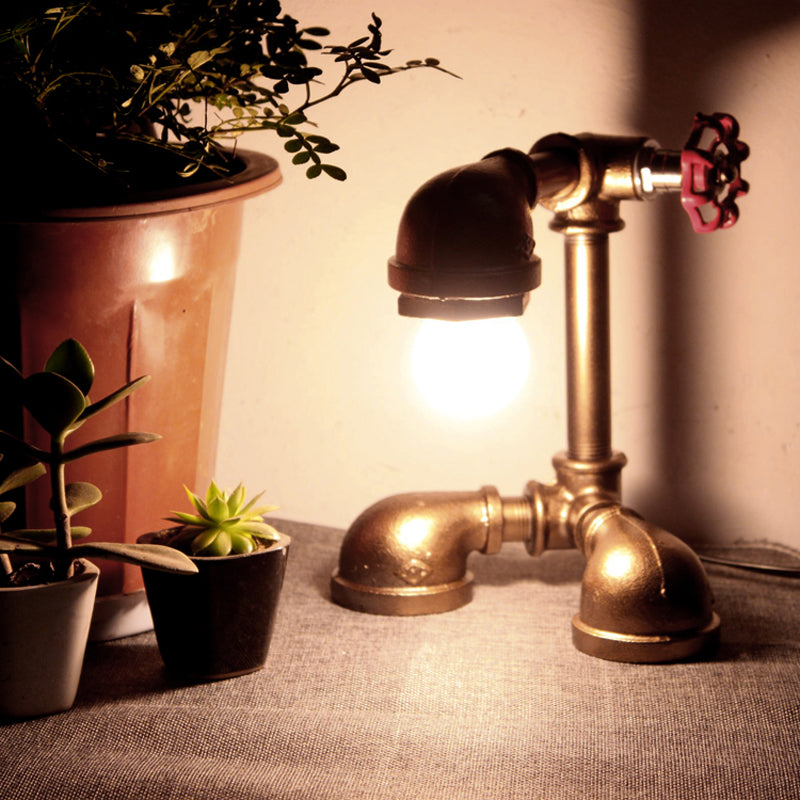 Industrial Valve Wheel Table Lamp - Metallic Water Pipe Design 1 Head Bedroom Light In Bronze/Silver