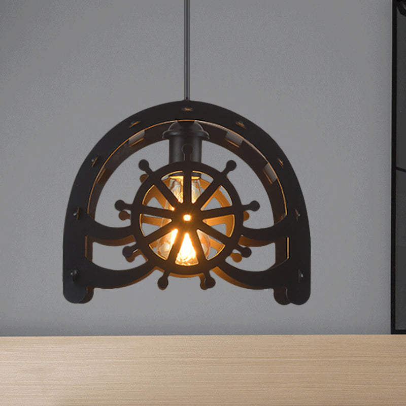 Industrial Cafe Pendant Light With Creative Waterwheel Design - Metallic Finish Black