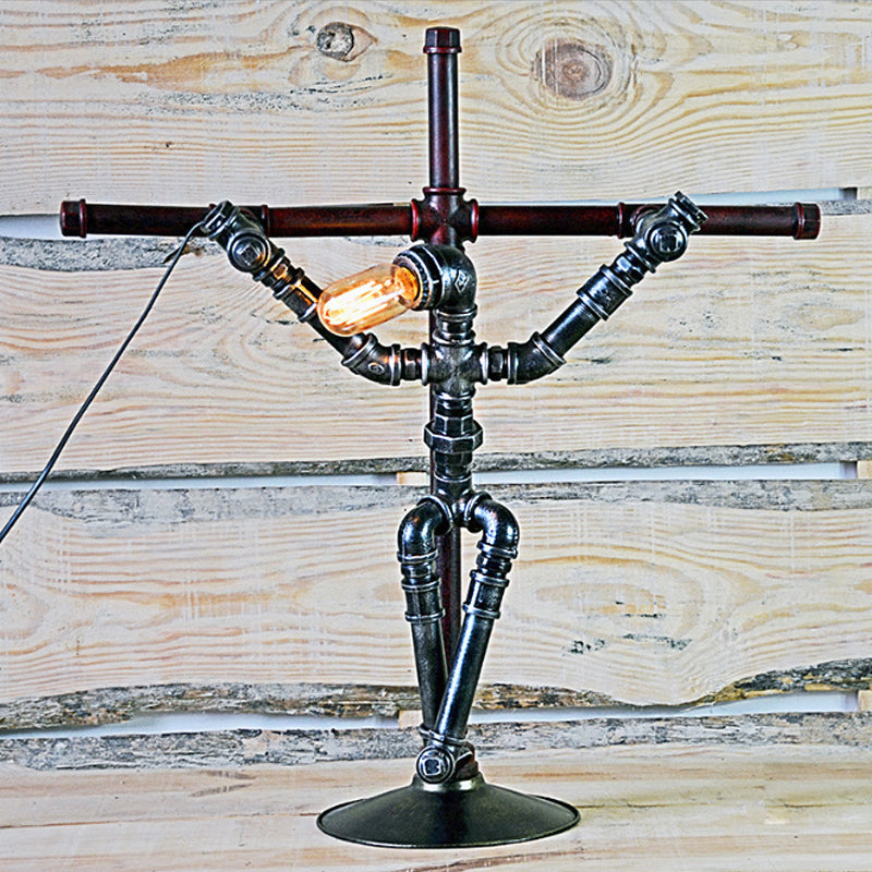 Rustic Iron Table Lamp - Stylish Aged Silver Water Pipe Indoor Lighting With Robot Design