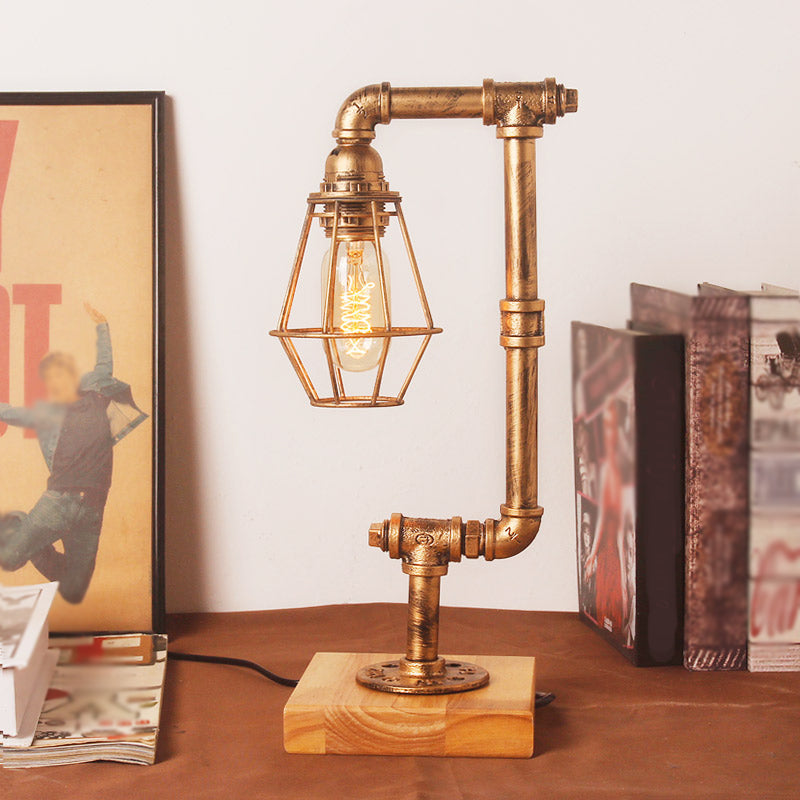 Bronze Industrial Piped Table Lamp With Wooden Base - 1 Head Metal Lighting For Living Room
