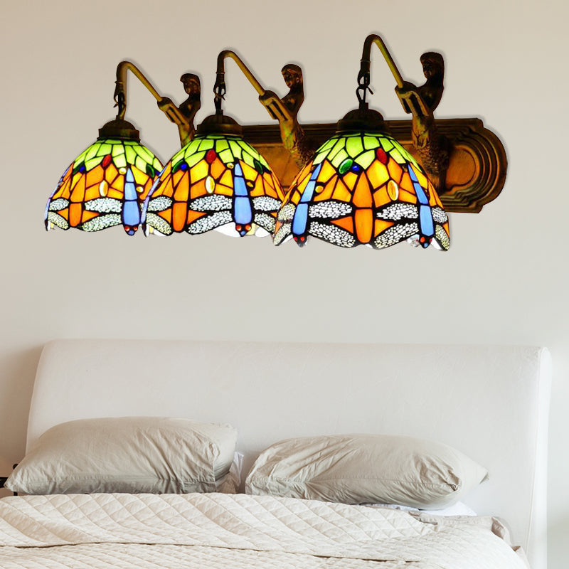 Baroque Dragonfly Wall Mount Sconce With 3 Orange Glass Heads - Bedroom Lighting