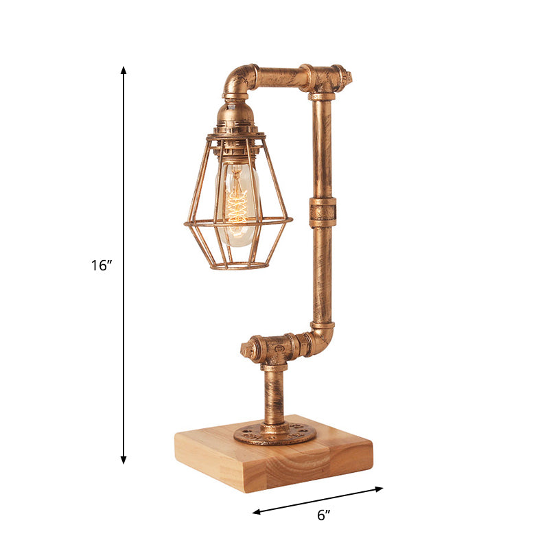 Bronze Industrial Piped Table Lamp With Wooden Base - 1 Head Metal Lighting For Living Room