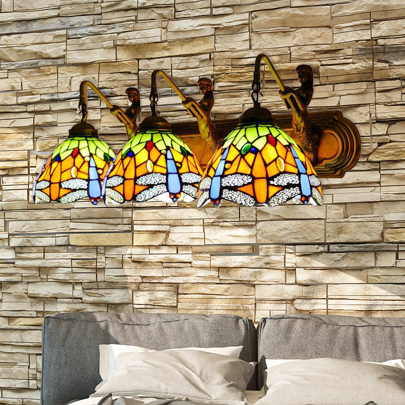 Baroque Dragonfly Wall Mount Sconce With 3 Orange Glass Heads - Bedroom Lighting