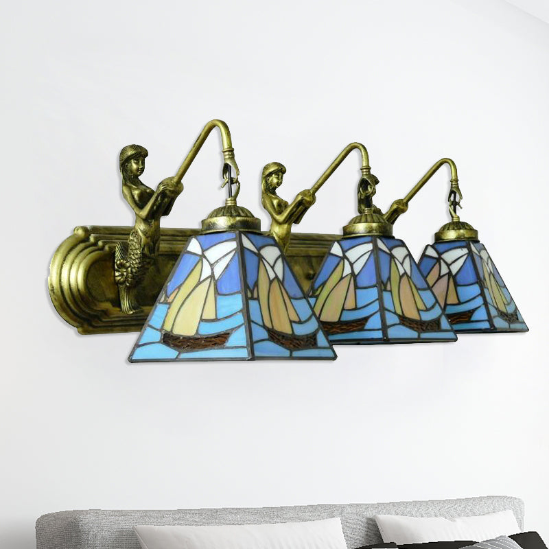 Mediterranean Blue Glass Sailboat Wall Sconce With 3 Lights