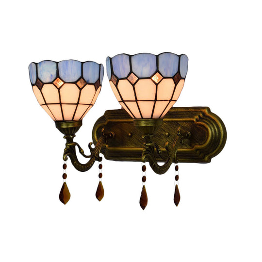 Tiffany Vintage Art Glass Bowl Wall Lamp With Agate Accent - 2-Bulb In Beige/Brown/Blue Shades For