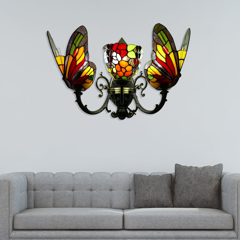 Stained Glass Butterfly Wall Sconce With 3 Heads For Living Room Lighting Yellow